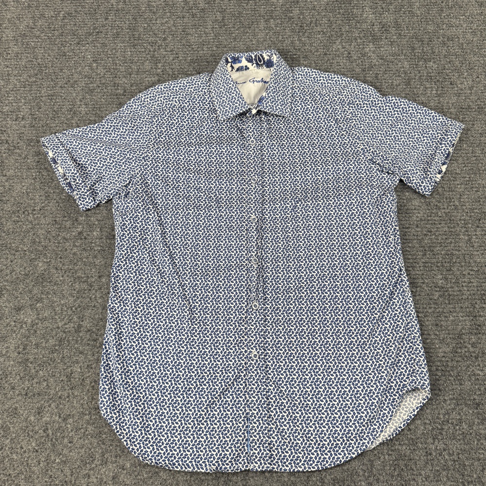 Robert Graham Shirt Mens Small Blue Leaf Floral Button Up Short Sleeve Casual